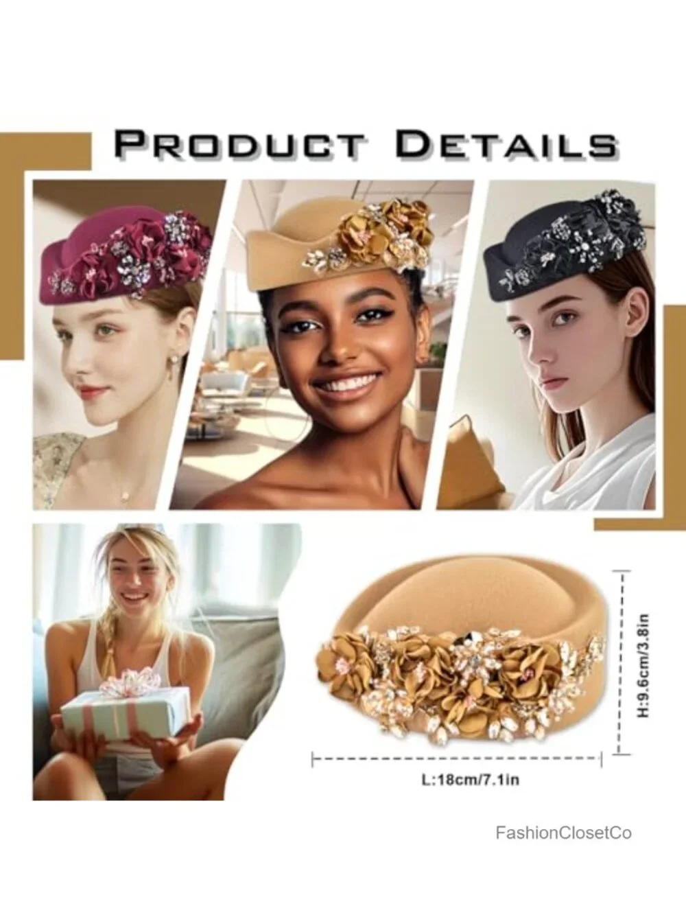 Retro Stewardess Felt Hat Rhinestone Flower Beret Church Derby Hat
